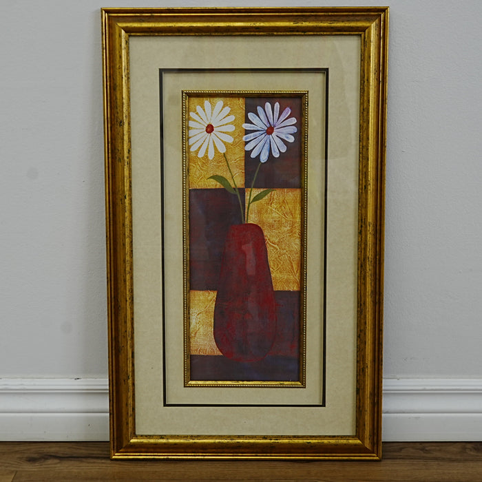 16×1×26‑Inch Framed Artwork – Floral Still Life with Red Vase in Gold Frame