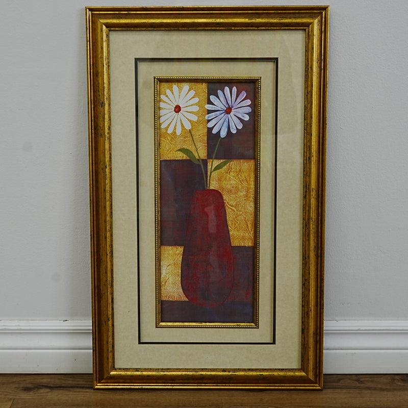 16×1×26‑Inch Framed Artwork – Floral Still Life with Red Vase in Gold Frame