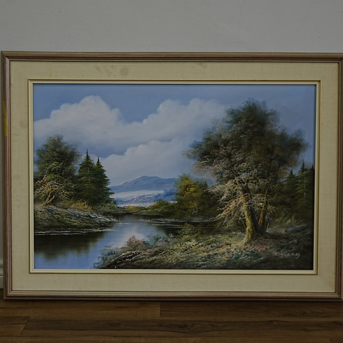 44×2×32‑Inch Framed Artwork – Landscape Painting with River and Mountains