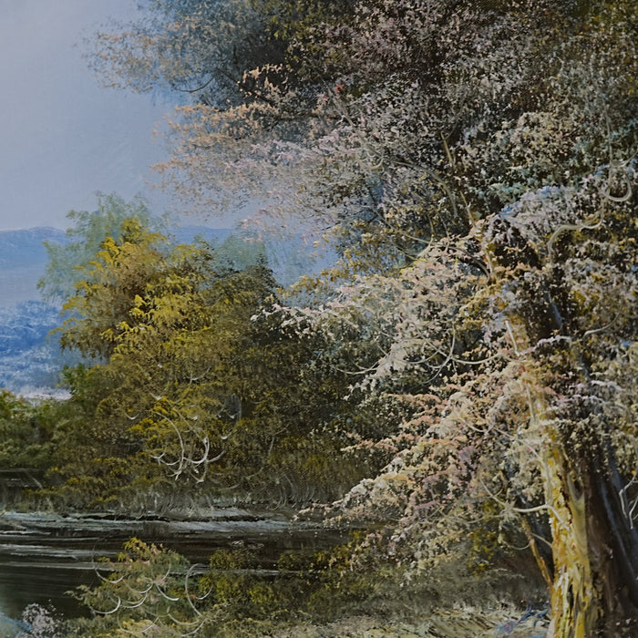 44×2×32‑Inch Framed Artwork – Landscape Painting with River and Mountains