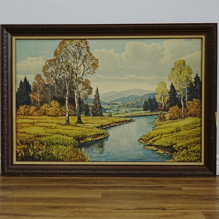 29×3×41‑Inch Framed Artwork – Landscape Painting, River & Autumn Trees