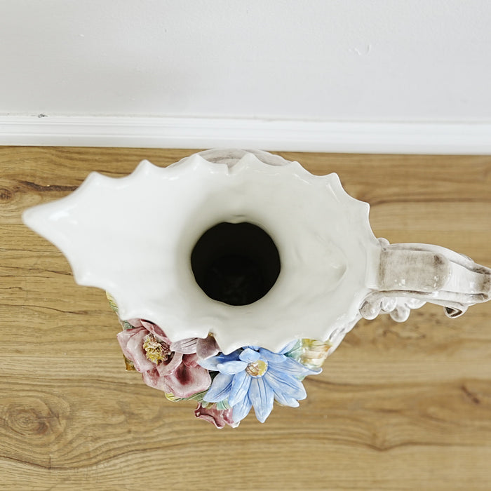 8×8×20‑Inch Decorative Ceramic Pitcher – Floral Relief with Scalloped Rim
