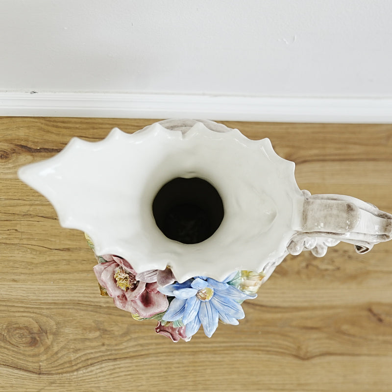 8×8×20‑Inch Decorative Ceramic Pitcher – Floral Relief with Scalloped Rim