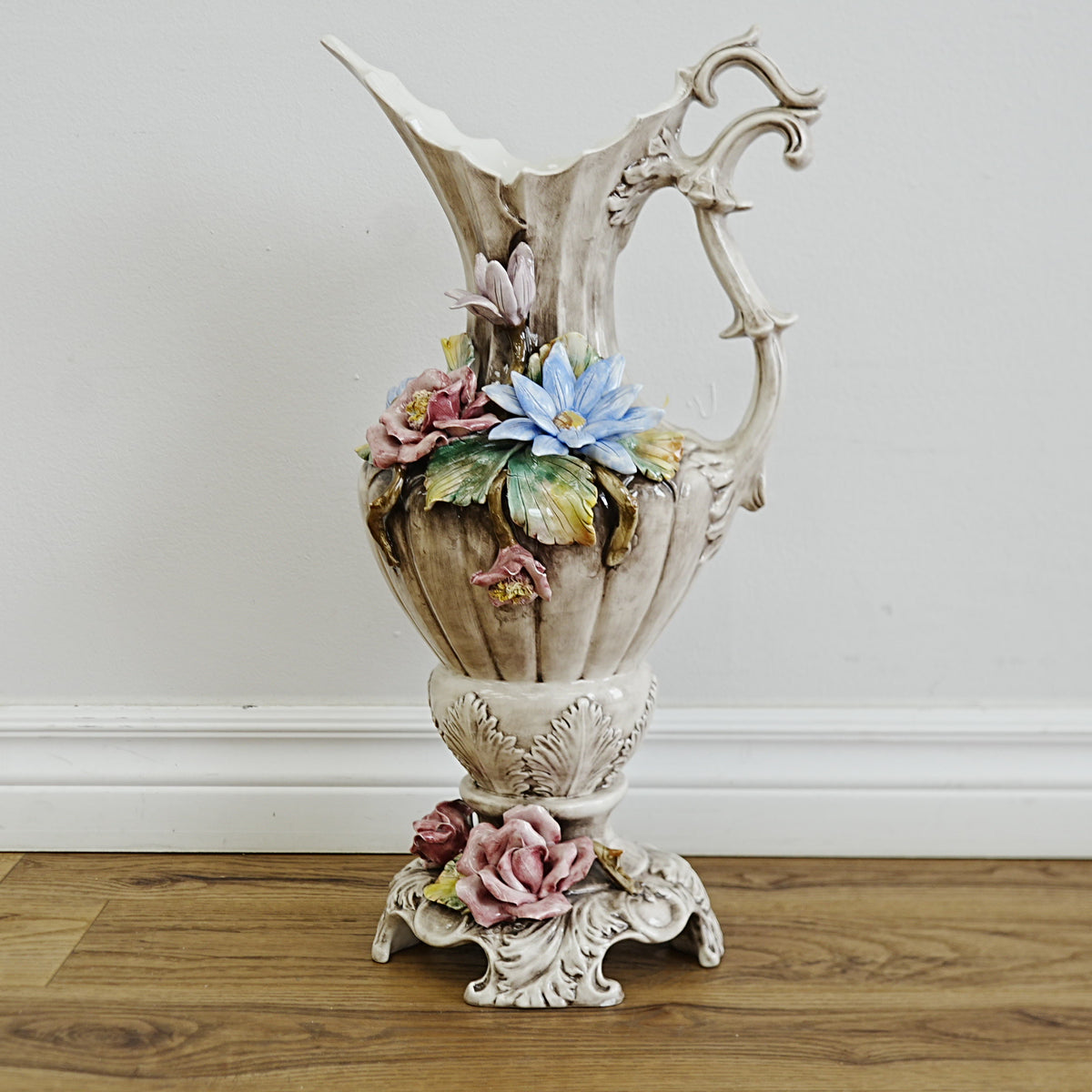 8×8×20‑Inch Decorative Ceramic Pitcher – Floral Relief with Scalloped Rim