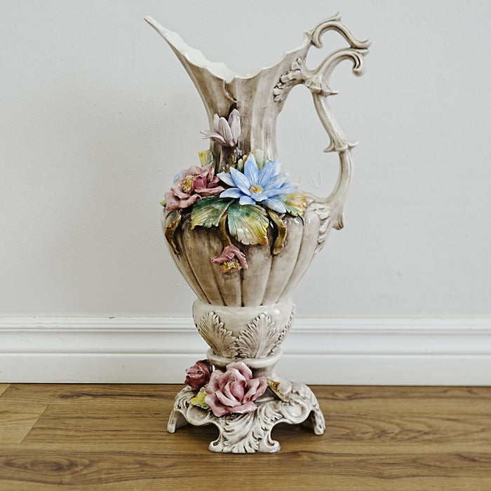 8×8×20‑Inch Decorative Ceramic Pitcher – Floral Relief with Scalloped Rim