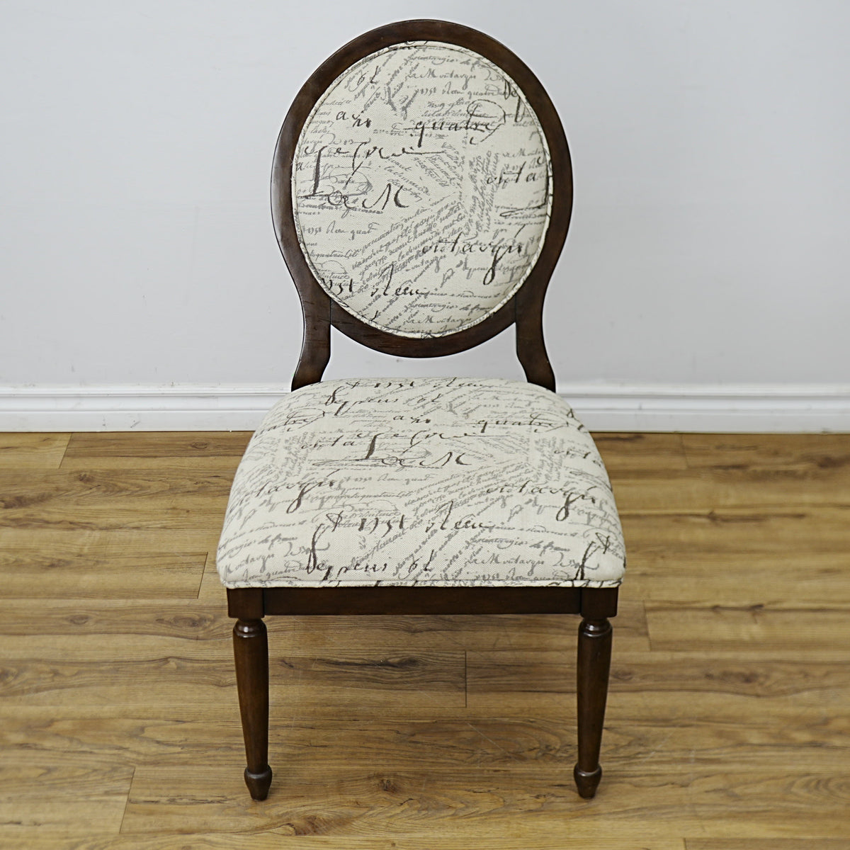 22×26×38–Inch Side Chair – Script‑Print Upholstery, Oval Back
