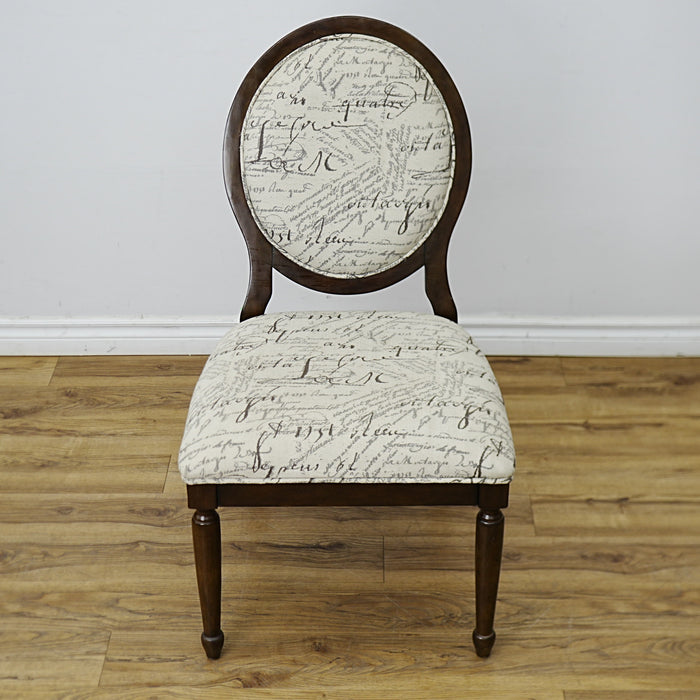 22×26×38–Inch Side Chair – Script‑Print Upholstery, Oval Back