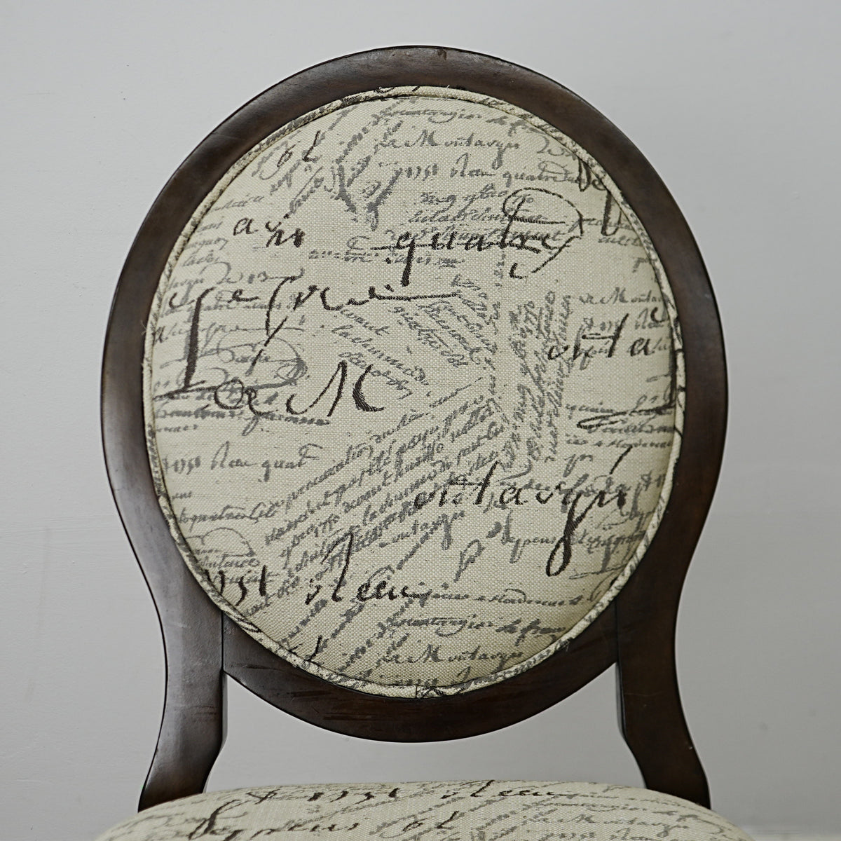 22×26×38–Inch Side Chair – Script‑Print Upholstery, Oval Back