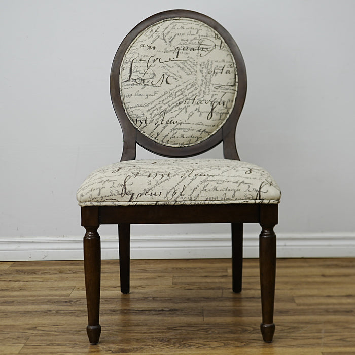 22×26×38–Inch Side Chair – Script‑Print Upholstery, Oval Back