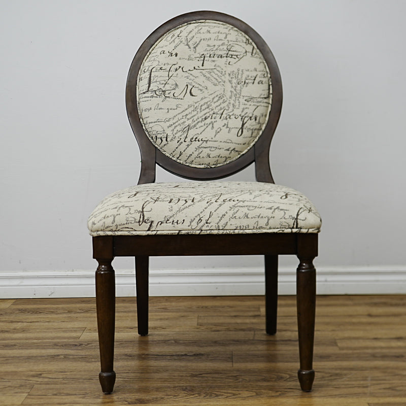 22×26×38–Inch Side Chair – Script‑Print Upholstery, Oval Back