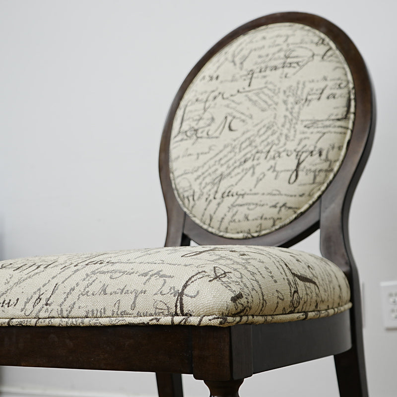 22×26×38–Inch Side Chair – Script‑Print Upholstery, Oval Back
