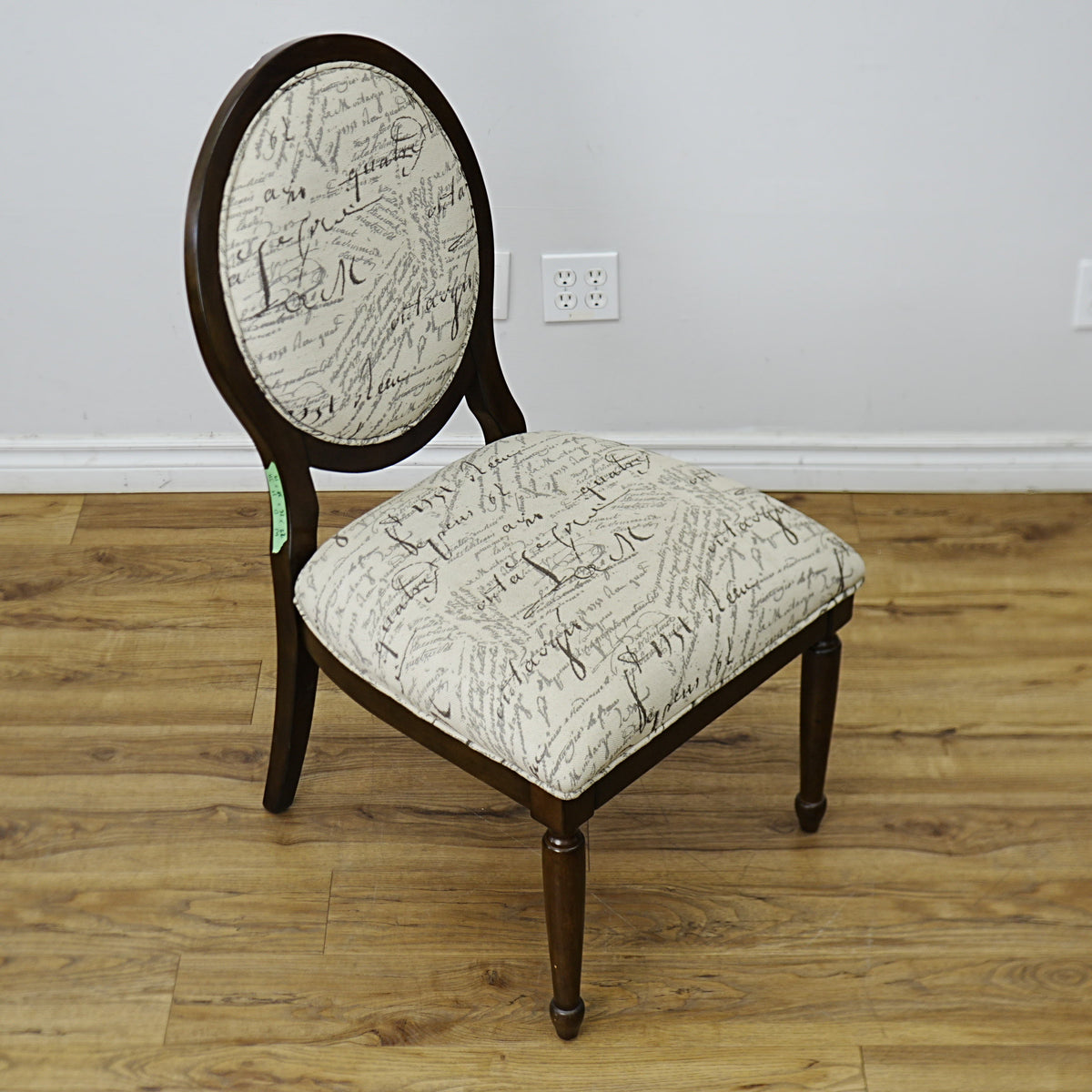 22×26×38–Inch Side Chair – Script‑Print Upholstery, Oval Back