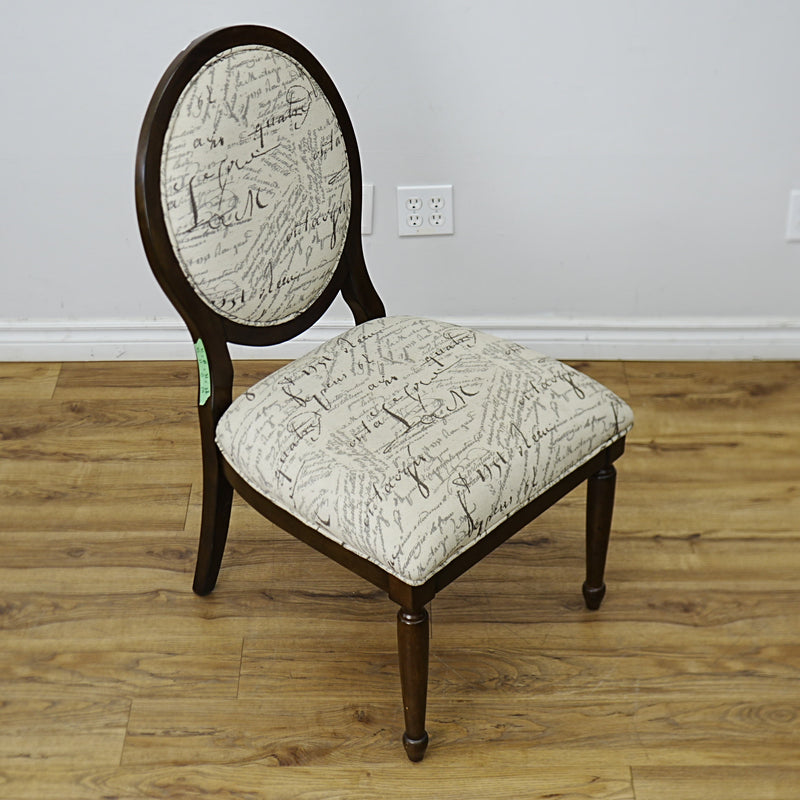 22×26×38–Inch Side Chair – Script‑Print Upholstery, Oval Back