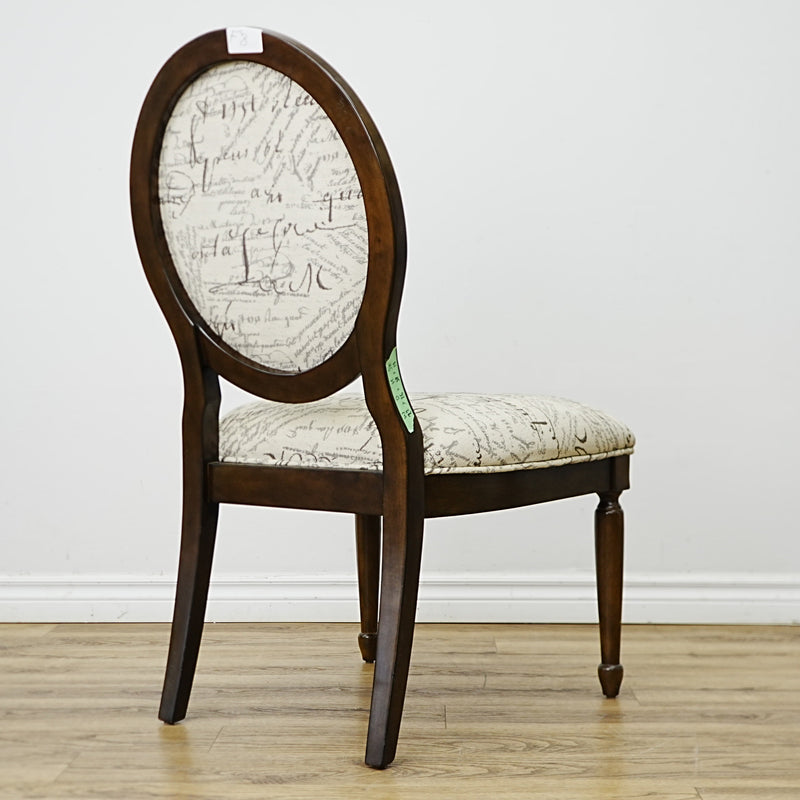 22×26×38–Inch Side Chair – Script‑Print Upholstery, Oval Back