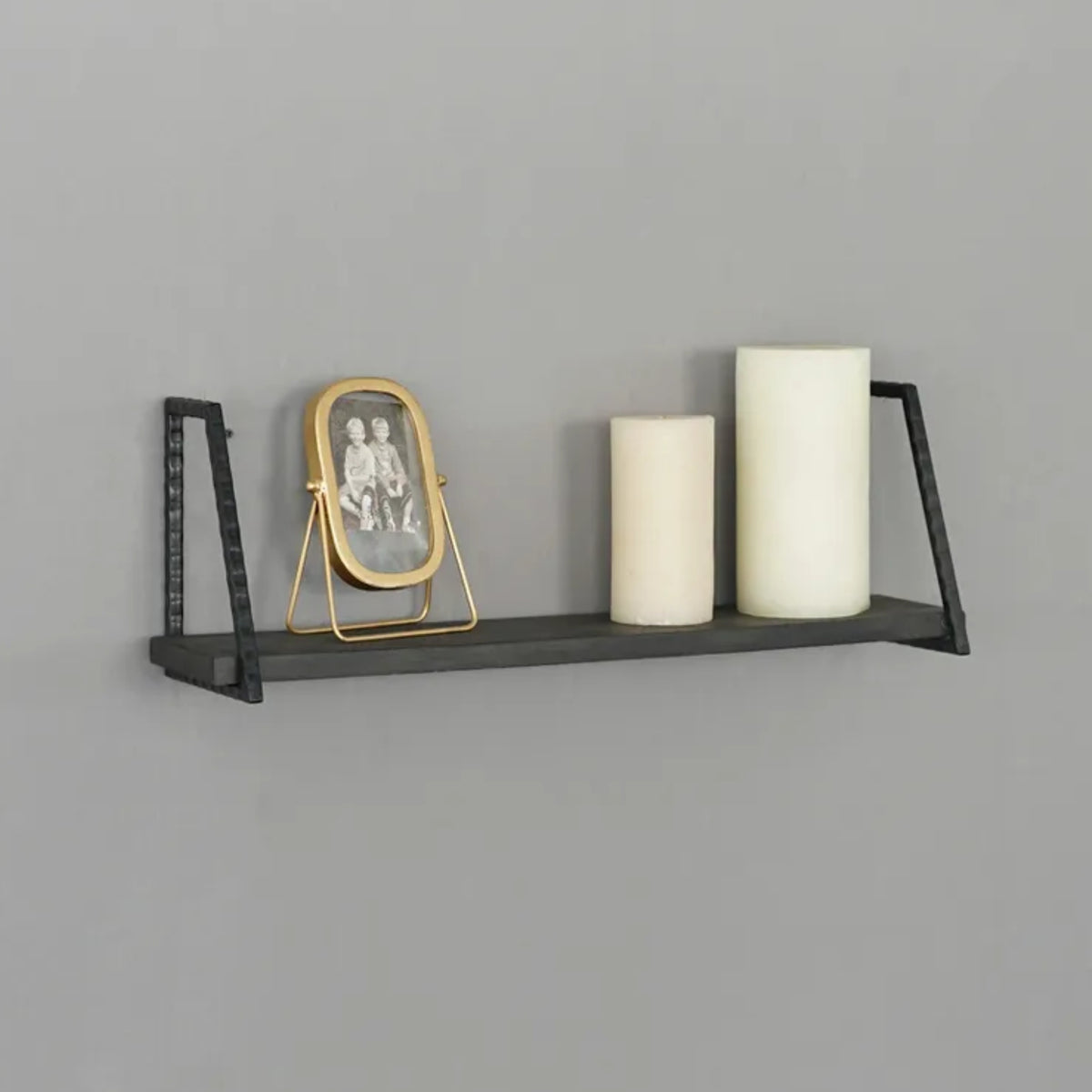 Decorative 23.5-Inch Wide Wall Shelf in Solid Wood Carbon and Natural Wrought Iron