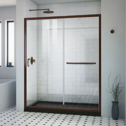 DreamLine Infinity-Z 36 in. D x 48 in. W x 74.75 in. H Alcove Shower Kit with Black Acrylic Base, Centre Drain & Clear Glass Sliding Door in Bronze (No Shower Wall)