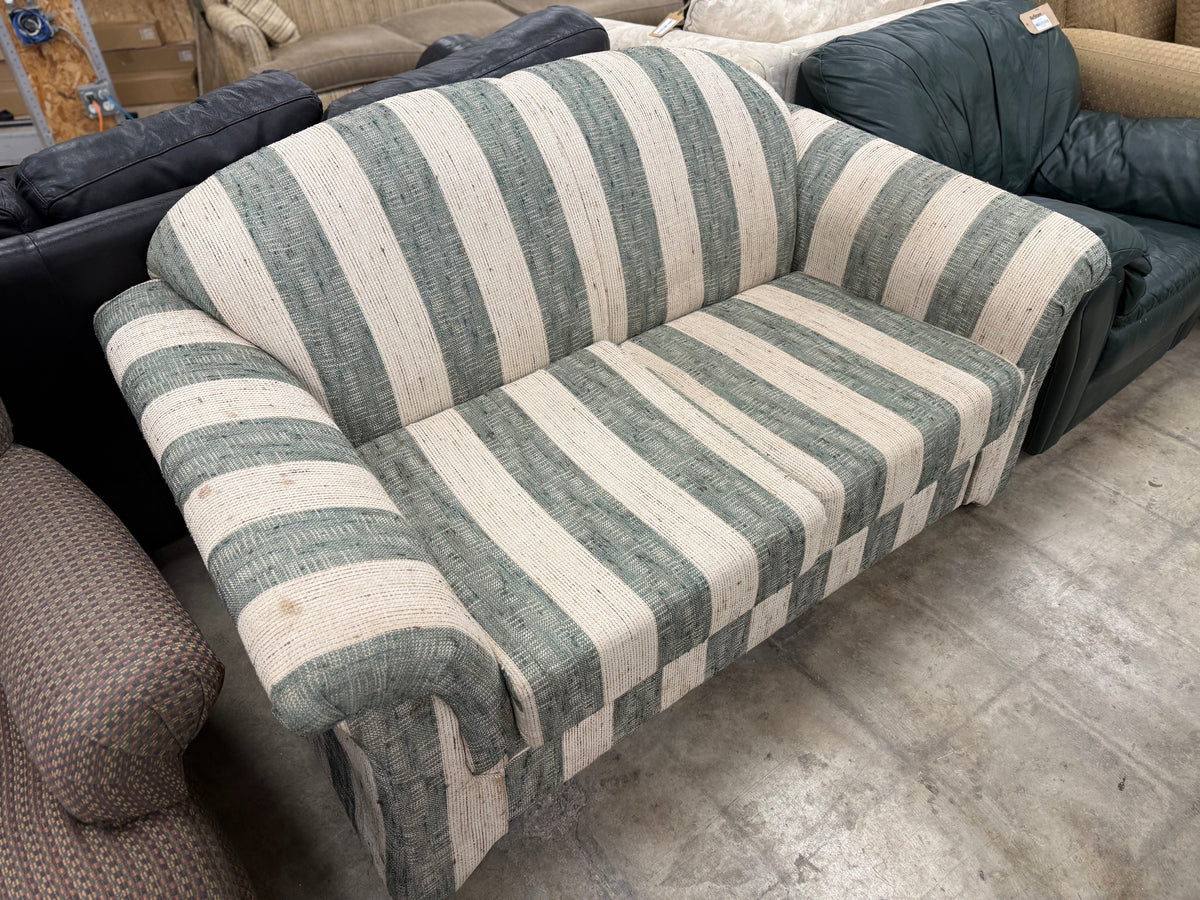 White and Green Striped Fabric Loveseat