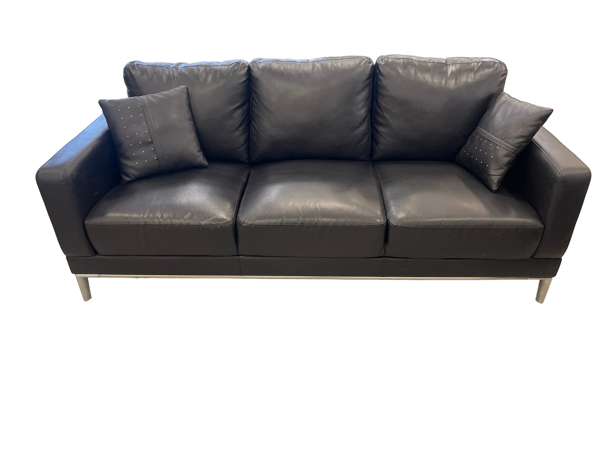 3-Seater Modern Black Leather Sofa with Chrome Legs