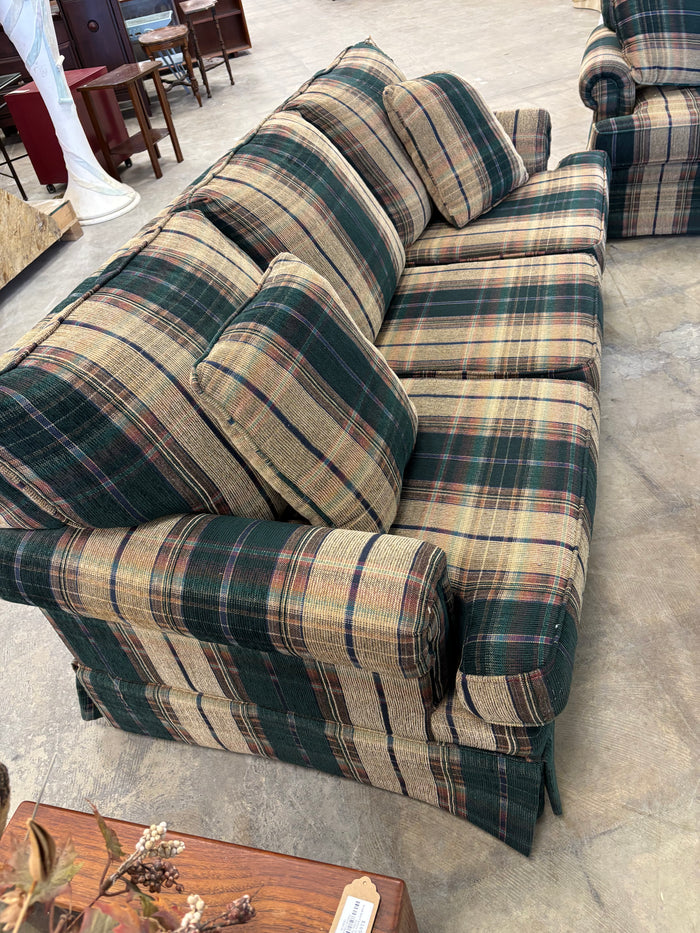 Classic Green and Tan Plaid Upholstered 3-Seater Sofa