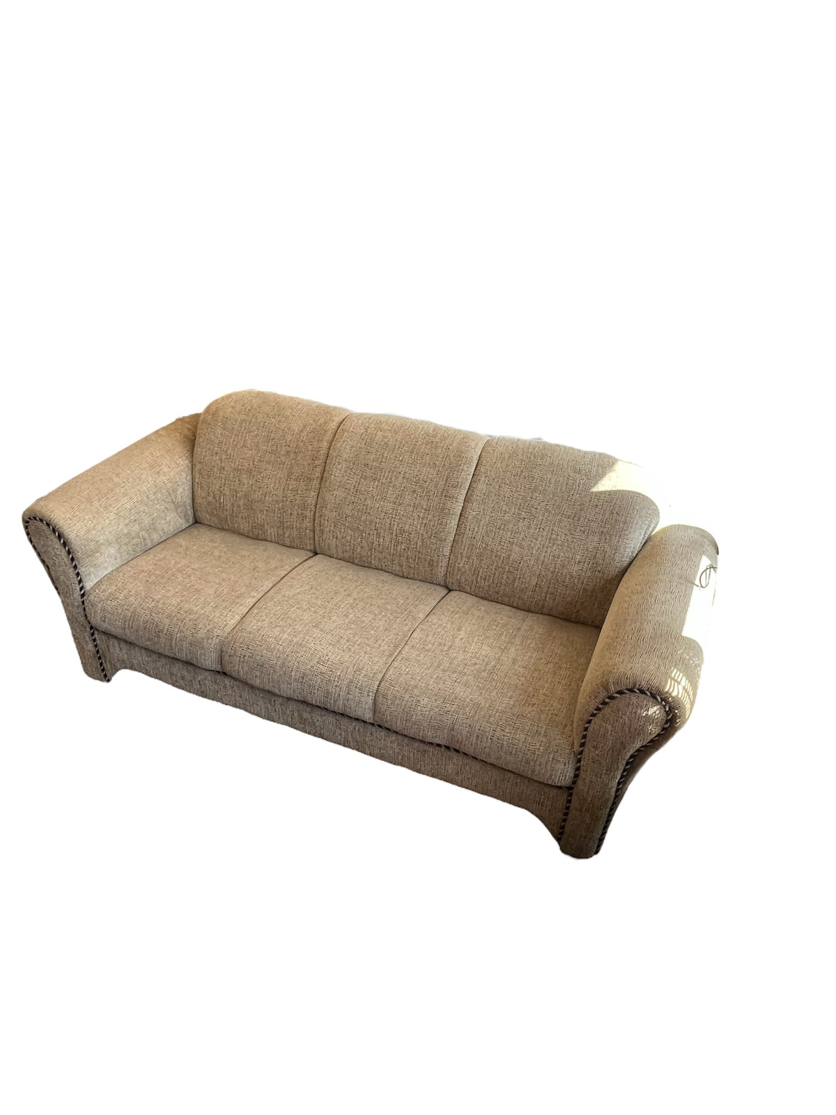 Beige Woven Sofa With Rolled Arms