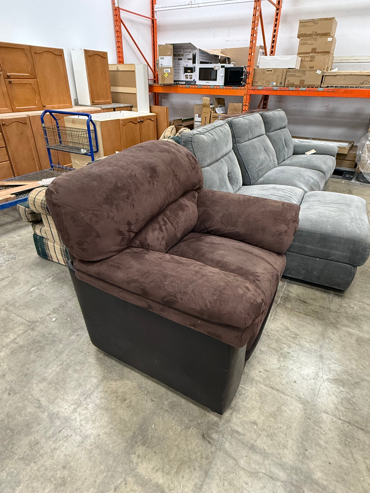 Large Dark Brown Plush Armchair with Leather Accents