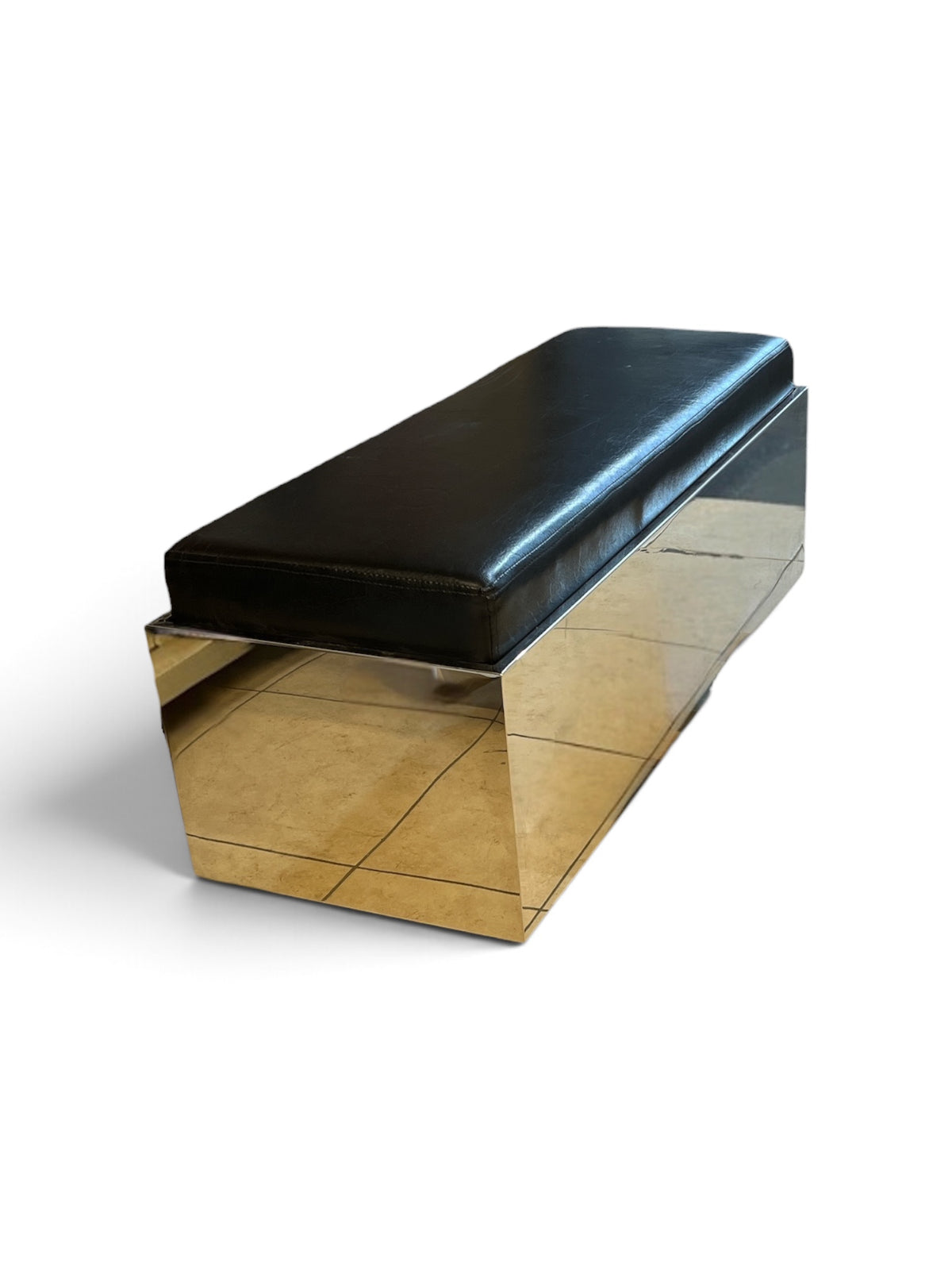 Modern Black Faux Leather with Mirrored Base Bench