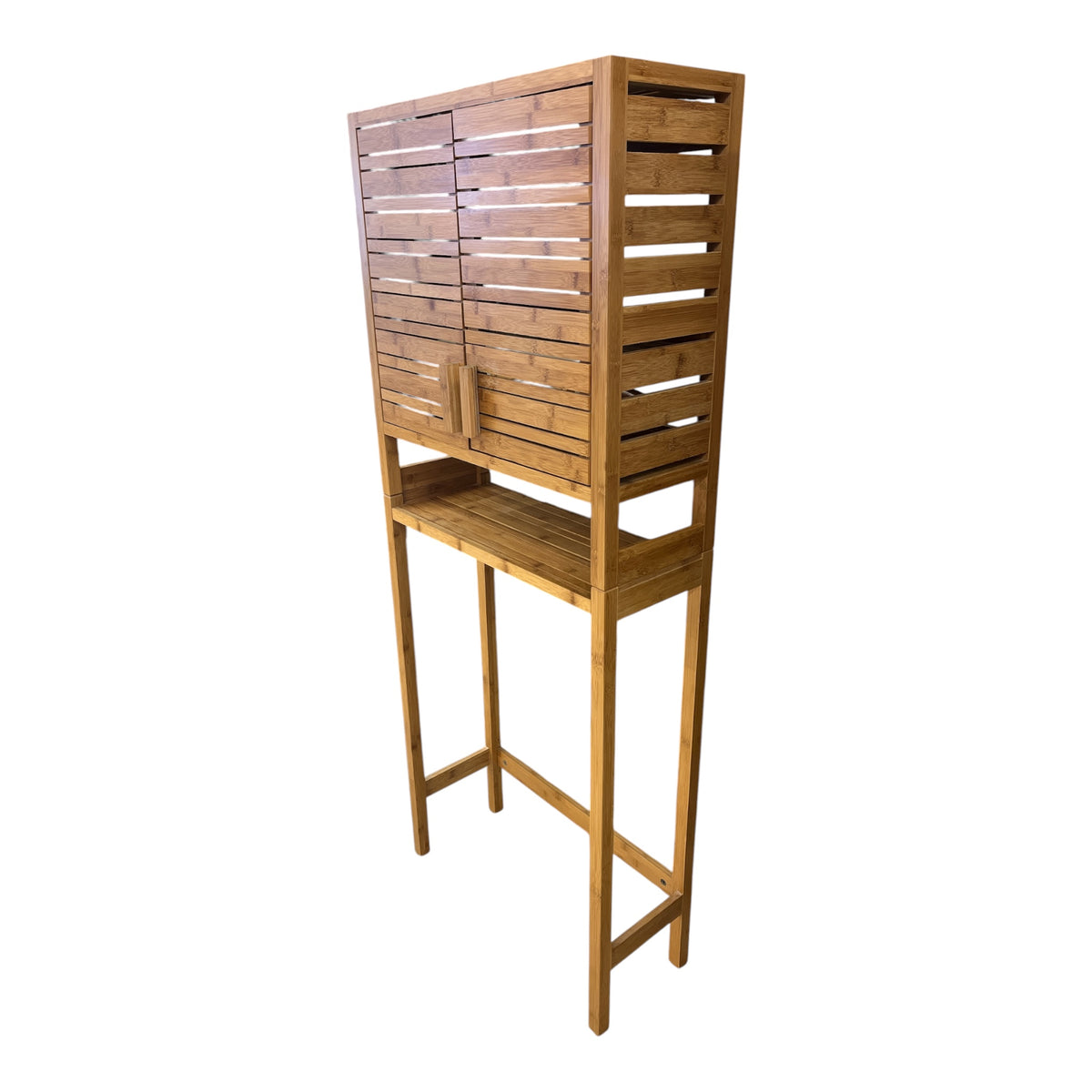 Natural Bamboo Slatted Storage Cabinet with Open Shelf