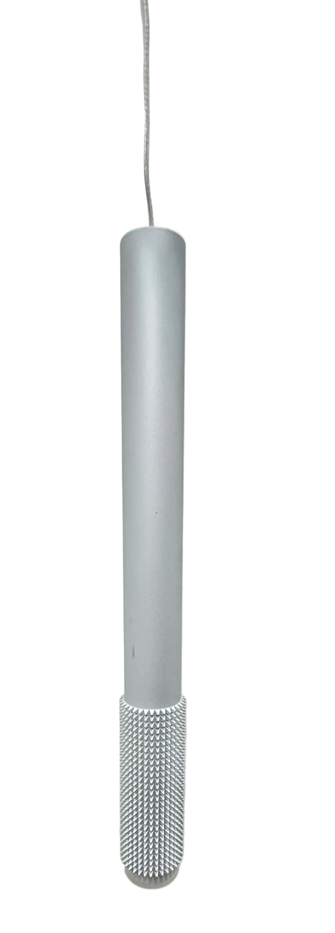 Modern Silver Pendant Light Fixture With A Textured Cylindrical Base.