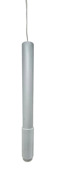 Modern Silver Pendant Light Fixture With A Textured Cylindrical Base.