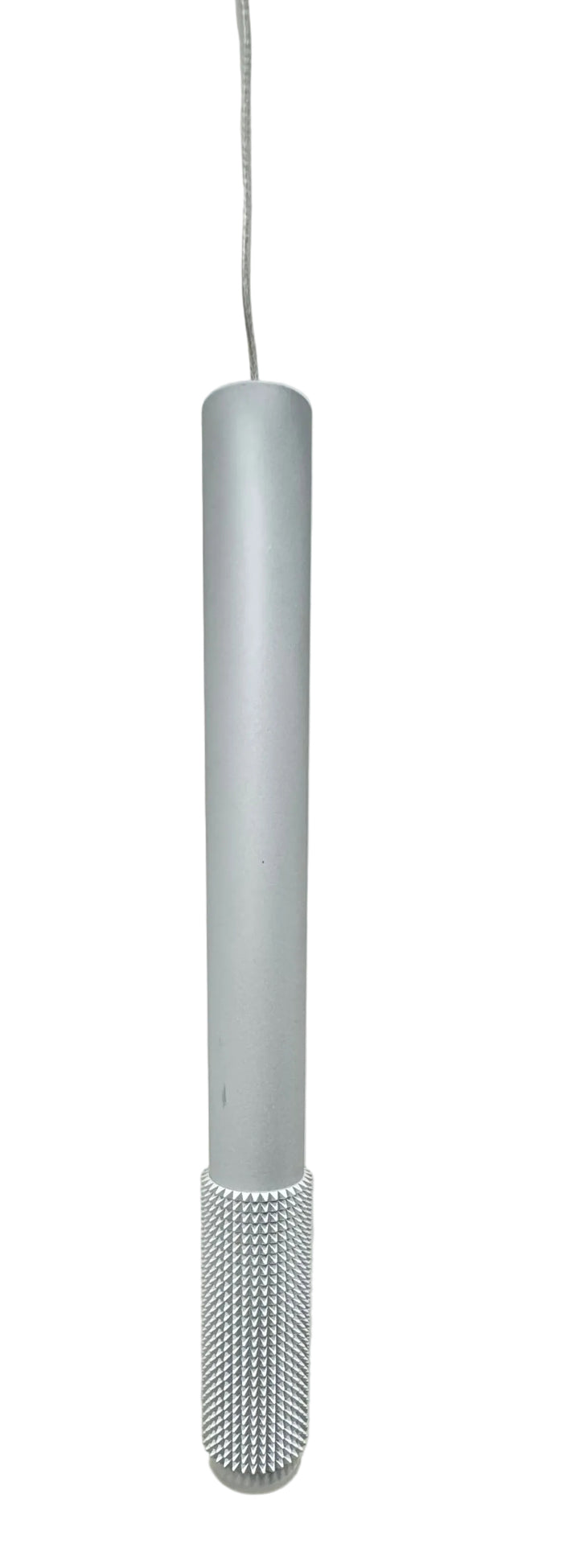 Modern Silver Pendant Light Fixture With A Textured Cylindrical Base.