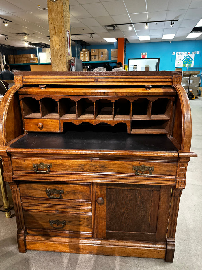Antique Roll-Top Desk – Solid Wood with Storage