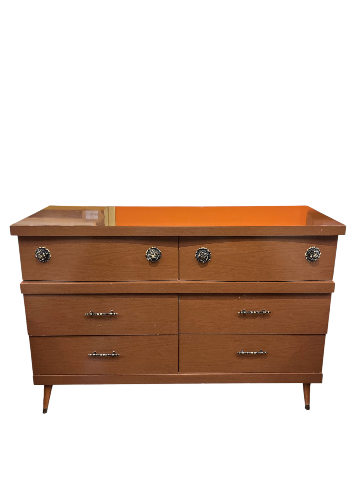 6 Drawer Dresser With Mixed Brass Hardware & Tapered Legs