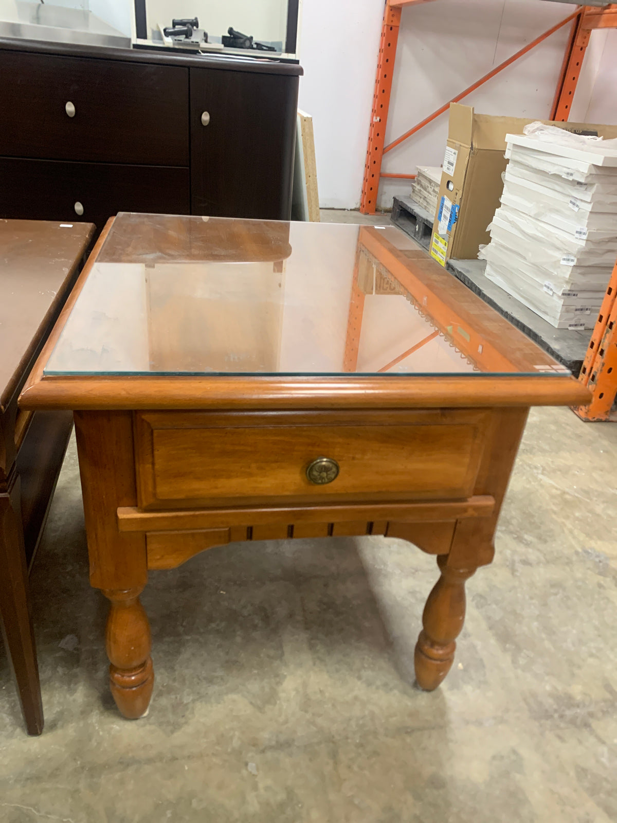 Honey Oak Sidetable With Drawer And Glass Top