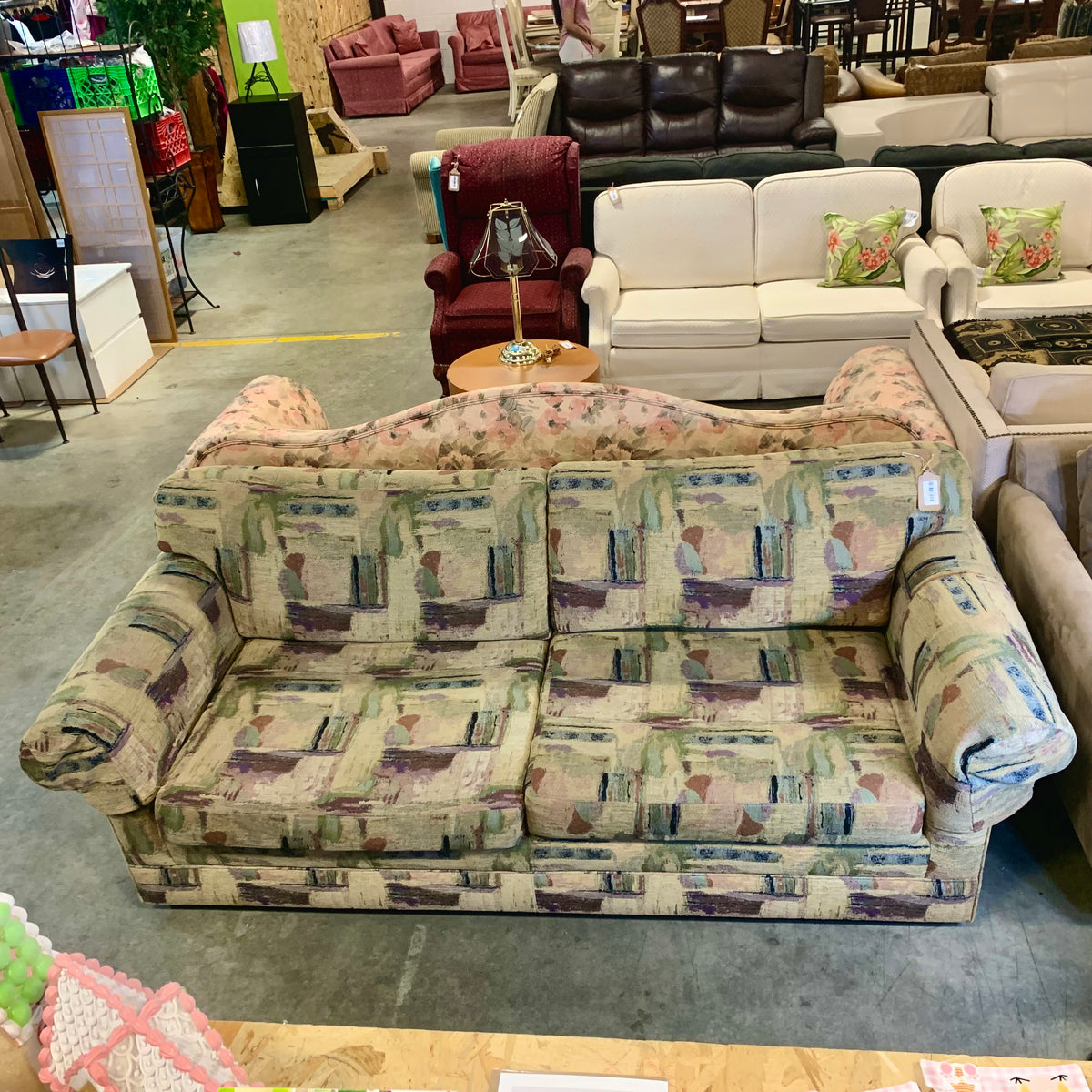 88-Inch Wide Green Patterned Sofa