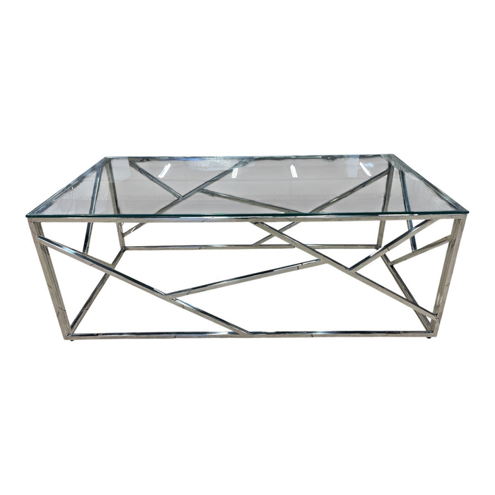 Modern Geometric Glass Coffee Table w/ Chrome Metal Frame