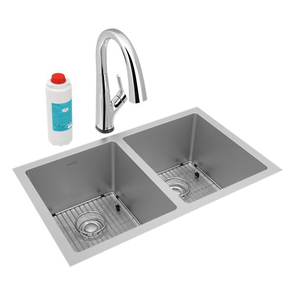 Elkay Crosstown 16 Gauge Stainless Steel 30-3/4" x 18-1/2" x 10" Equal Double Bowl Undermount Sink Kit with Filtered Faucet