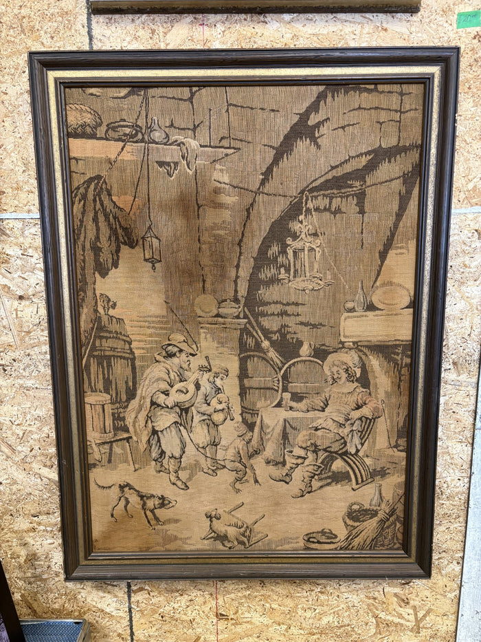 Early Vintage Framed Tapestry Depicting a Victorian