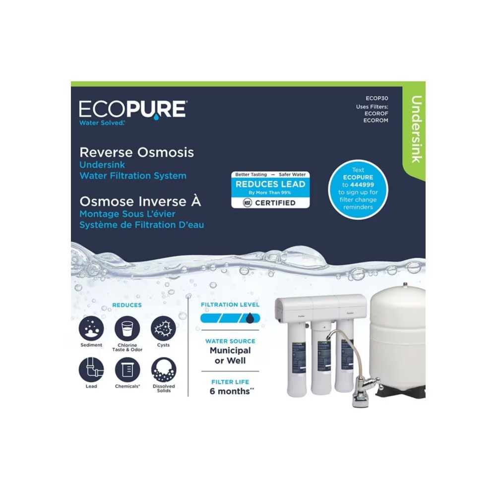 EcoPure Reverse Osmosis Undersink Chlorine, Lead, and Microbe Water Filtration System