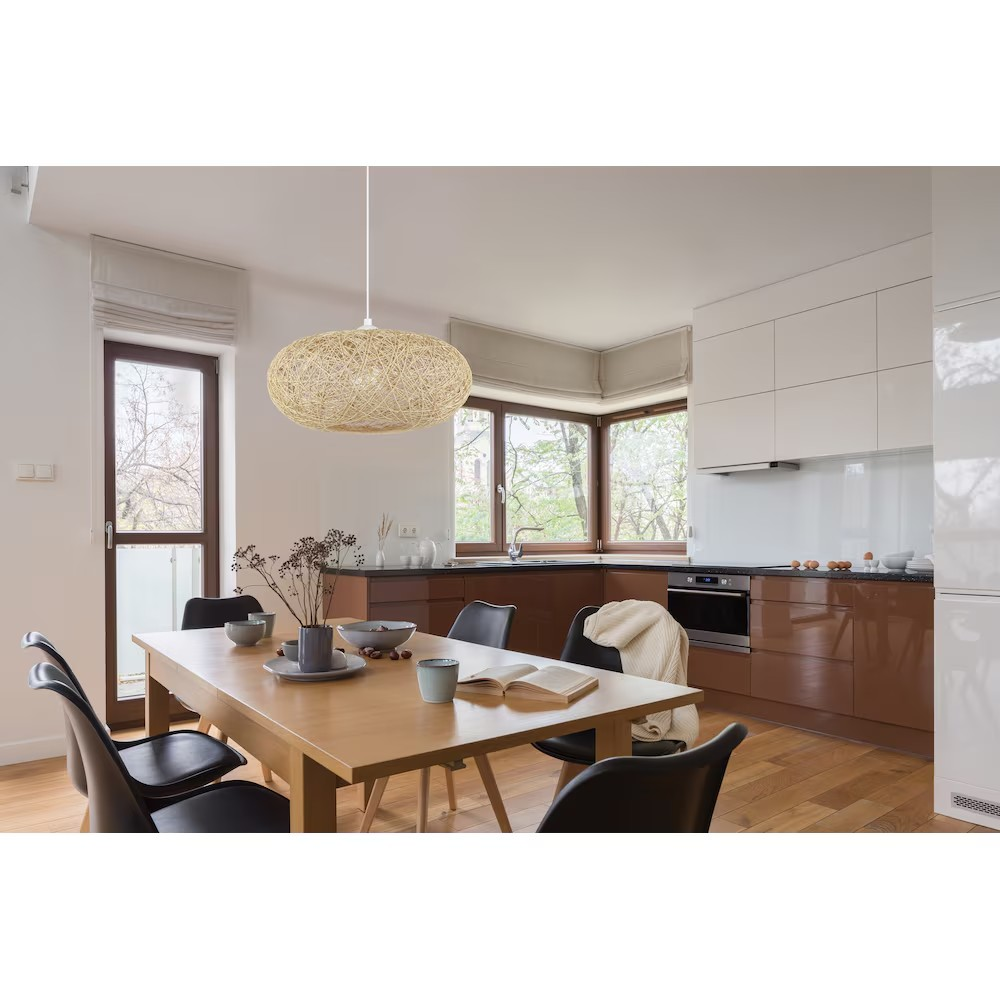 Eglo Campilo Pendant Light in White Finish with Beige Threaded Shade