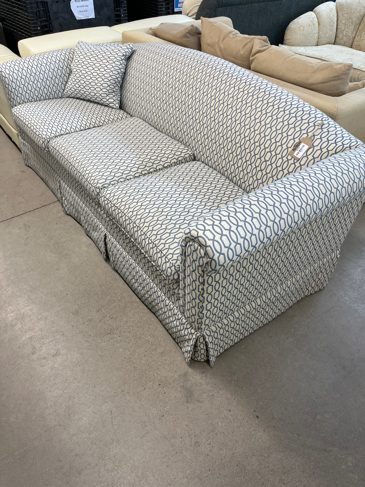 82"W White and Blue Sofa