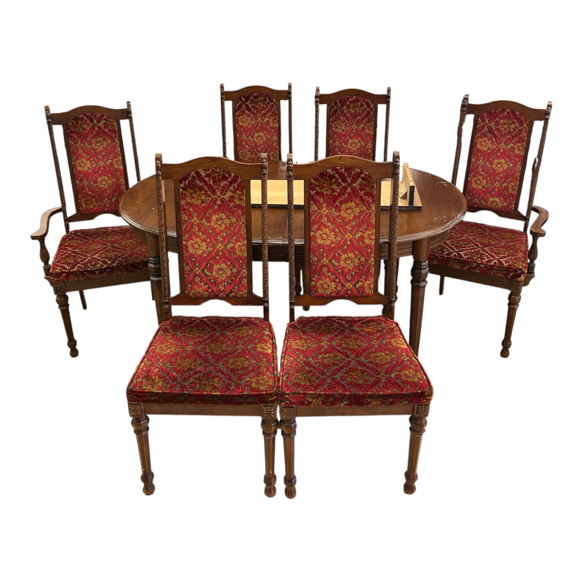 Carved Oak Dining Set w/ 6 Upholstered Chairs