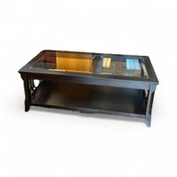 Glass Top Coffee Table With Geometric Wood Sides