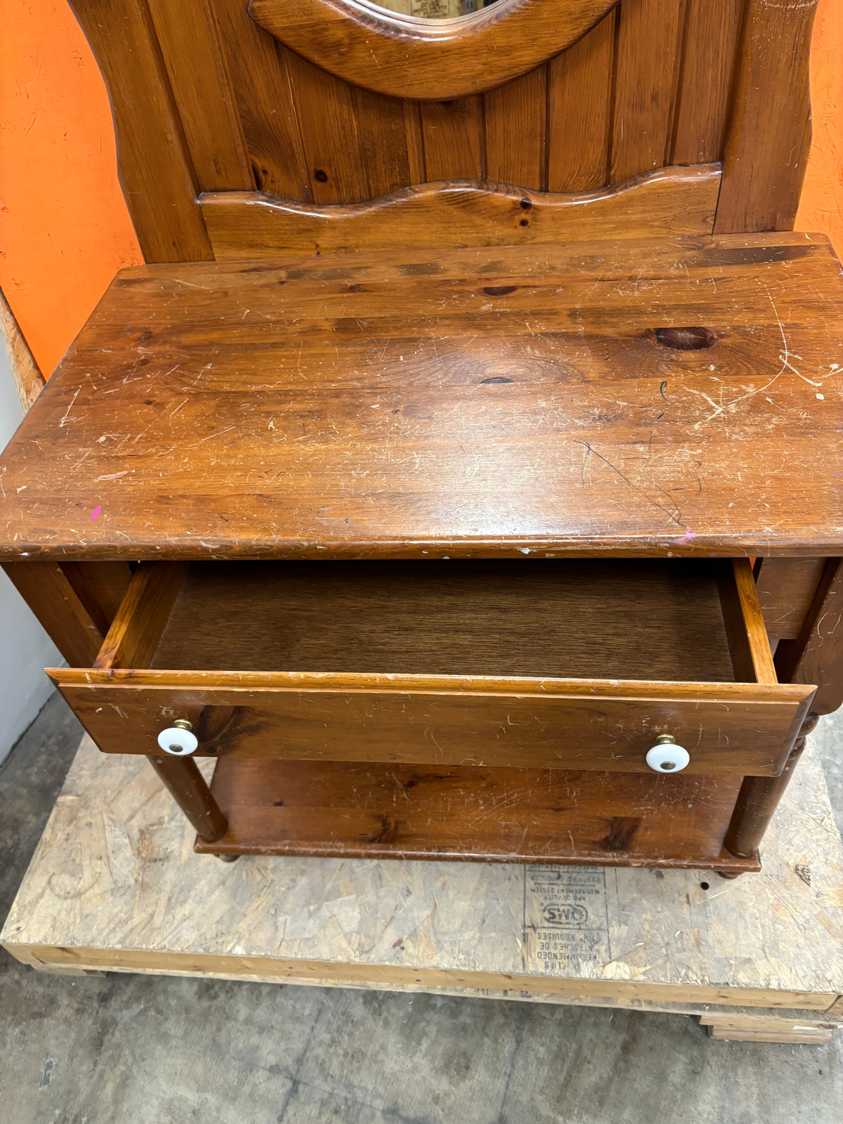 Large Wooden Hall Tree with Oval Mirror