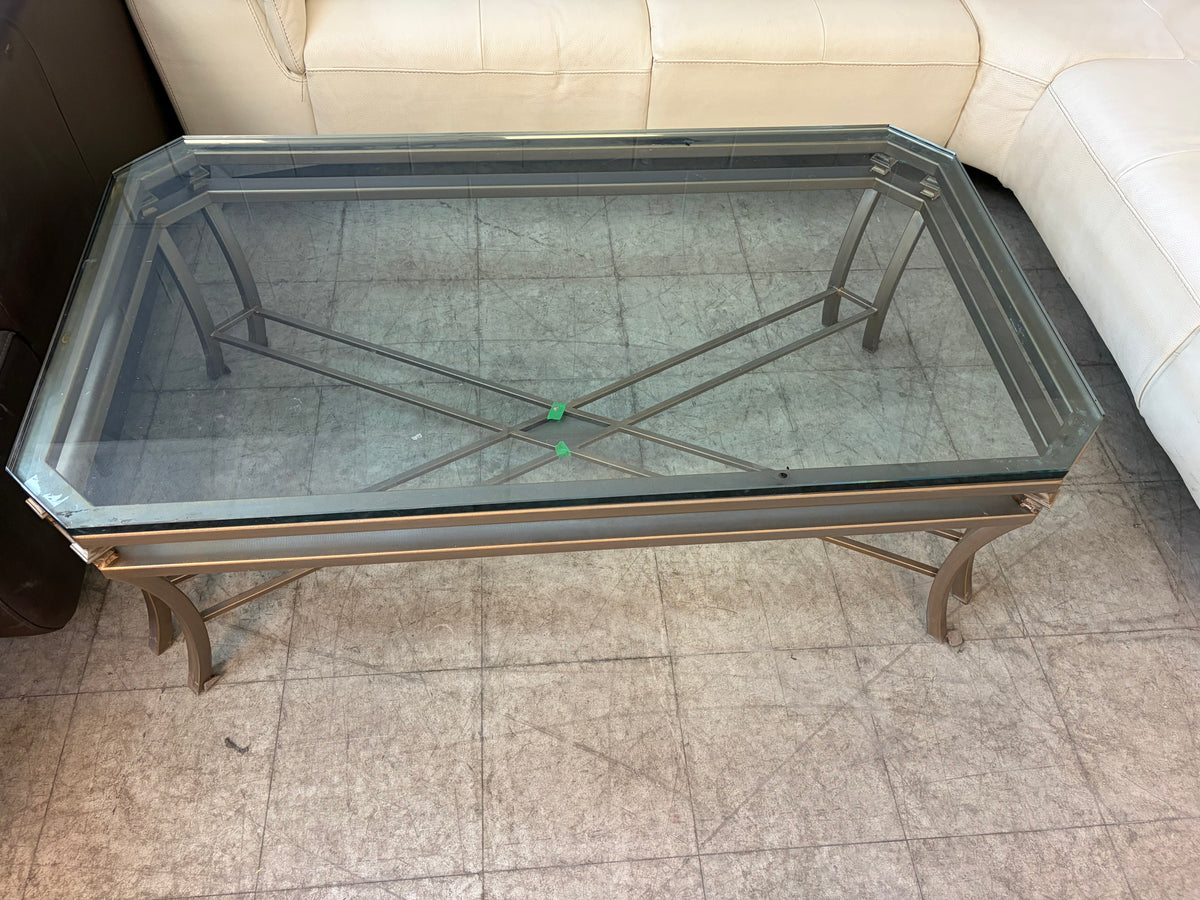 Antique Brasse Tone Metal Base and Glass-top Coffee Table