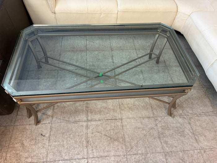 Antique Brasse Tone Metal Base and Glass-top Coffee Table