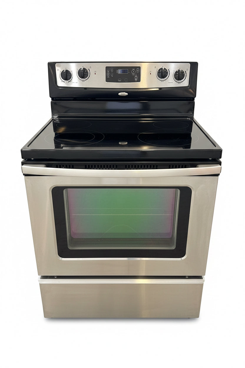 Whirlpool Freestanding Electric Stove Features A Stainless Steel Finish And A 4-Burner Ceramic Glass Cooktop.