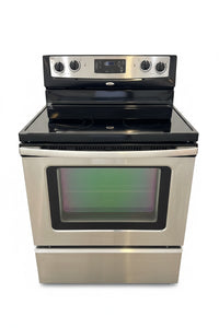 Whirlpool Freestanding Electric Stove Features A Stainless Steel Finish And A 4-Burner Ceramic Glass Cooktop.