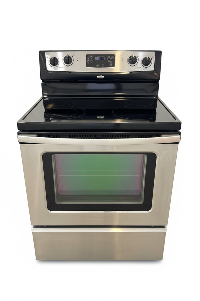 Whirlpool Freestanding Electric Stove Features A Stainless Steel Finish And A 4-Burner Ceramic Glass Cooktop.