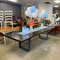 120-Inch W Summit Dining Table – Textured Dark Wood with Sculptural Base
