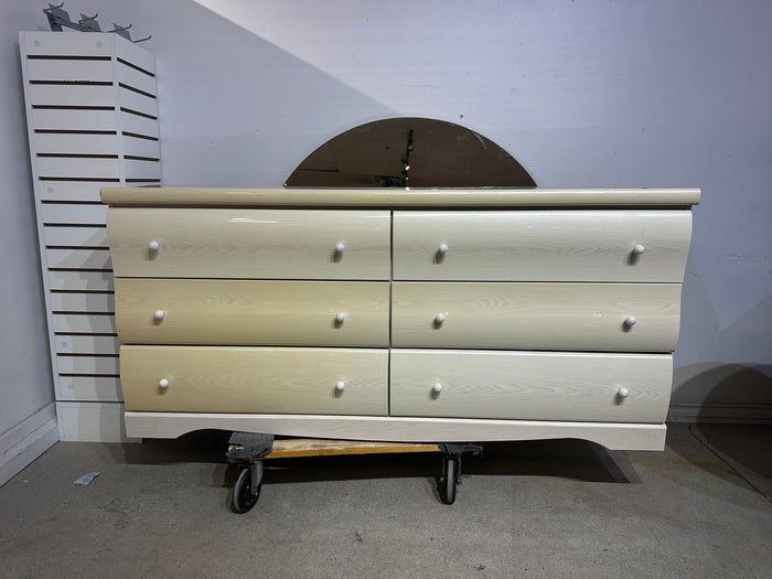 64"W 6-Drawer Dresser with Rounded Mirror – Light Wood Finish